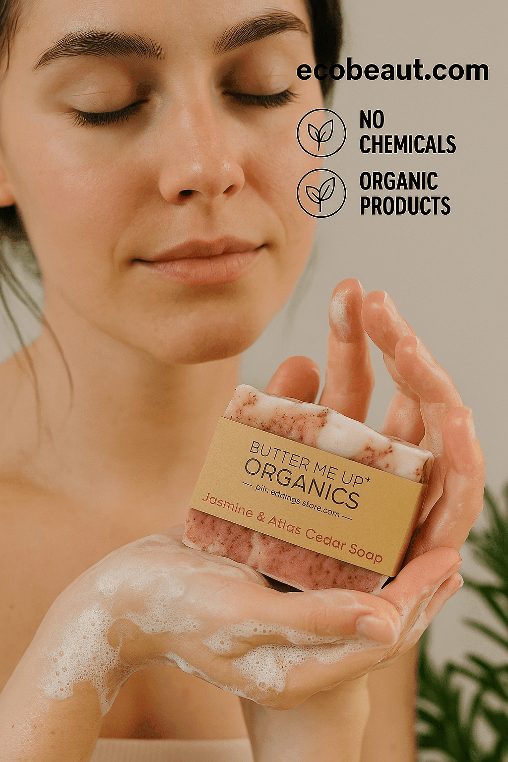 Young woman with closed eyes gently washing her hand with Jasmine & Atlas Cedar artisan soap, featuring ecobeaut.com, “NO CHEMICALS,” and “ORGANIC PRODUCTS” icons in the top right corner.