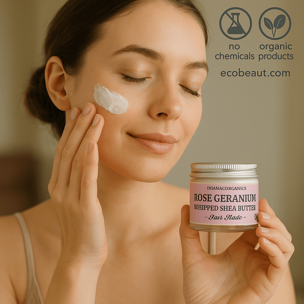 Young woman with fair skin applying Ohana Organics Rose Geranium Whipped Shea Butter to her cheek, smiling softly while holding the jar in one hand; eco-friendly icons and ecobeaut.com are displayed in the top right corner