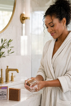 A woman in a white waffle-knit robe stands at a bathroom counter washing her hands while holding a bar of soap. A small soap package labeled Ecobauty is placed on the counter beside her.