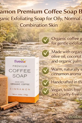 Cinnamon Premium Coffee Soap Bar with packaging on a natural background