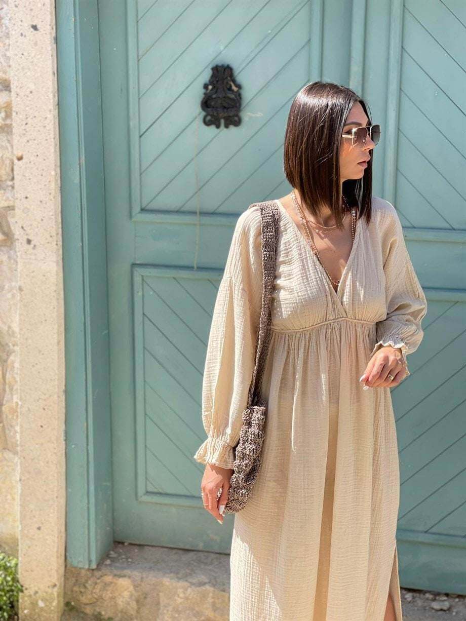 Organic Cotton Long Sleeve Summer Dress – Elegant, Breathable & Timeless