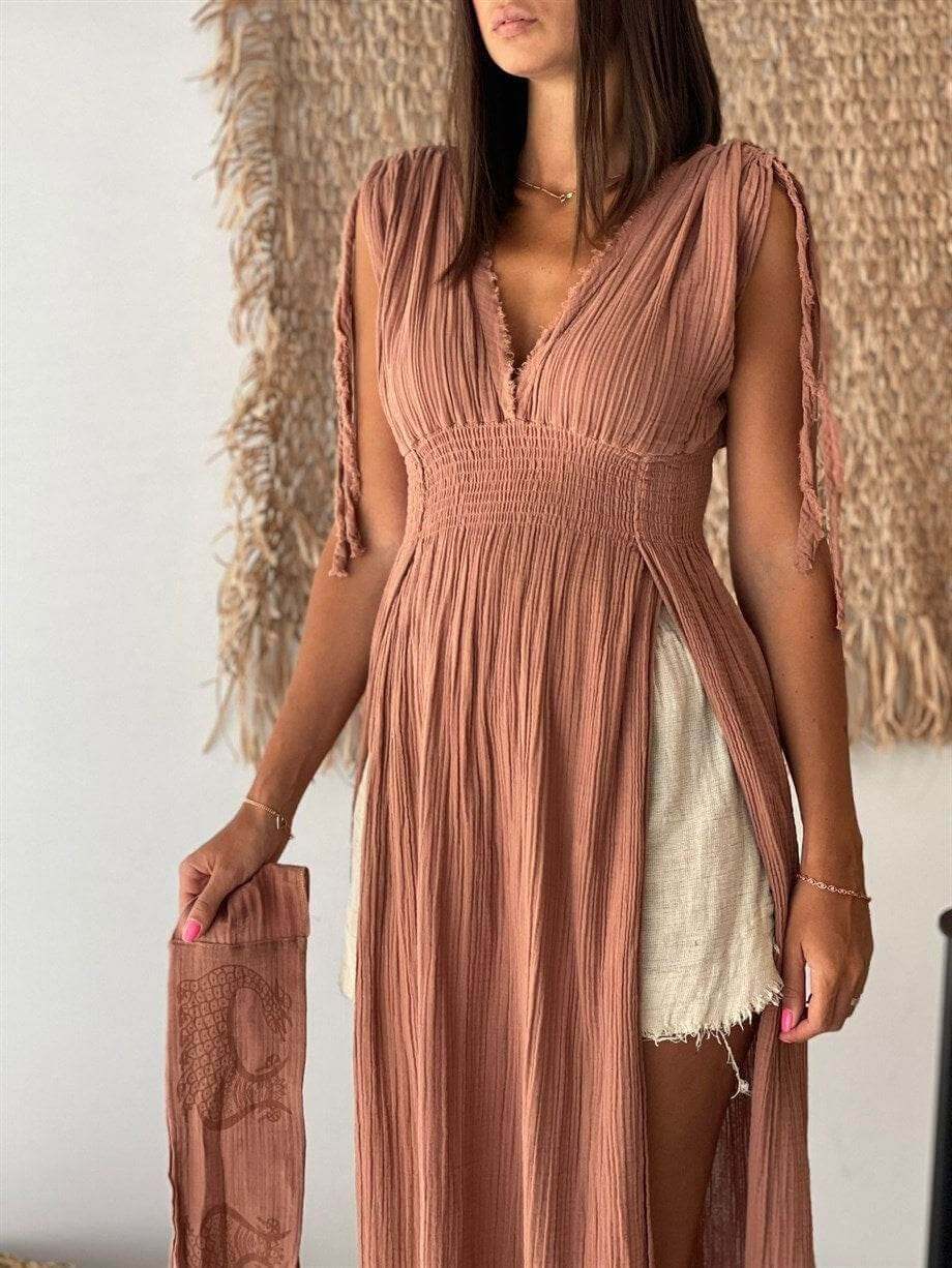 Helen Organic Cotton Goddess Side Slit Dress – Feminine Elegance and Comfort