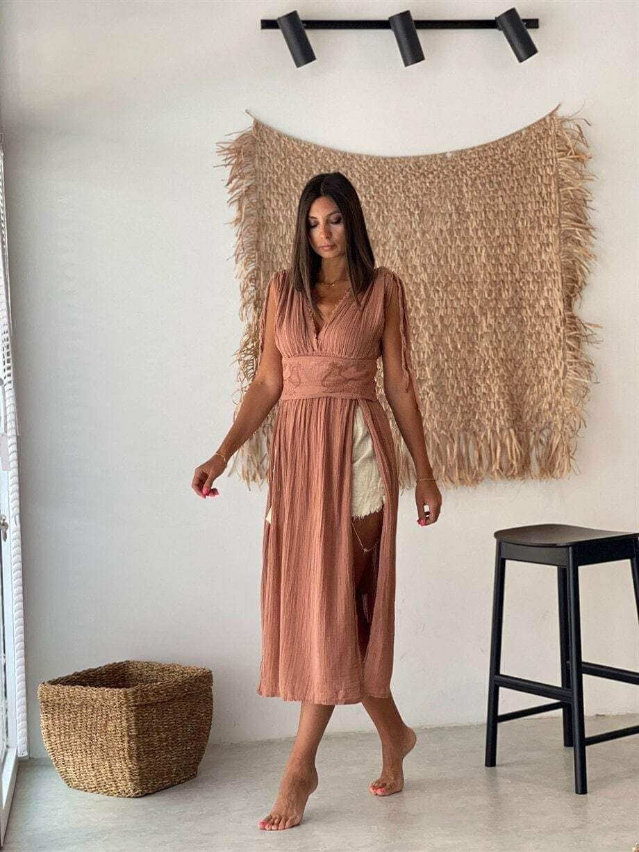 Helen Organic Cotton Goddess Side Slit Dress – Feminine Elegance and Comfort