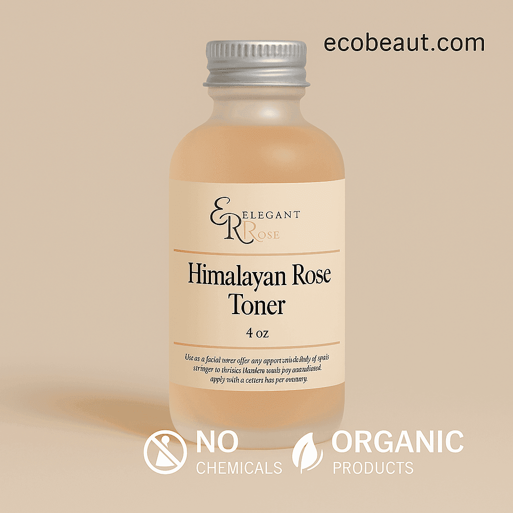 lose-up of Elegant Rose Himalayan Rose Toner bottle on neutral beige background with ecobeaut.com in top right corner and clean icons for no chemicals and organic products at the bottom
