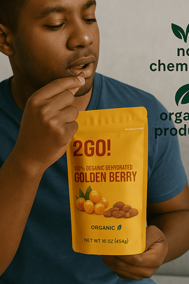 oung man eating organic dehydrated golden berries from an eco-friendly 2GO! snack pouch labeled with ecobeaut.com, no chemicals, organic products.
