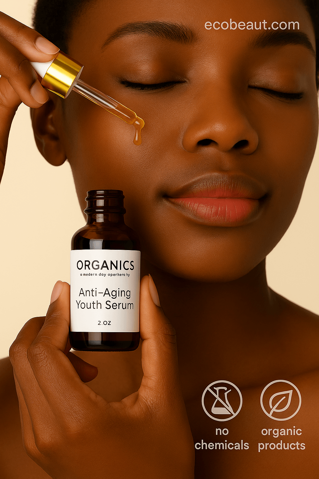 woman applying Anti-Aging Youth Serum by Organics to her face with a dropper, holding the amber bottle against a soft beige background – ecobeaut.com, no chemicals, organic products