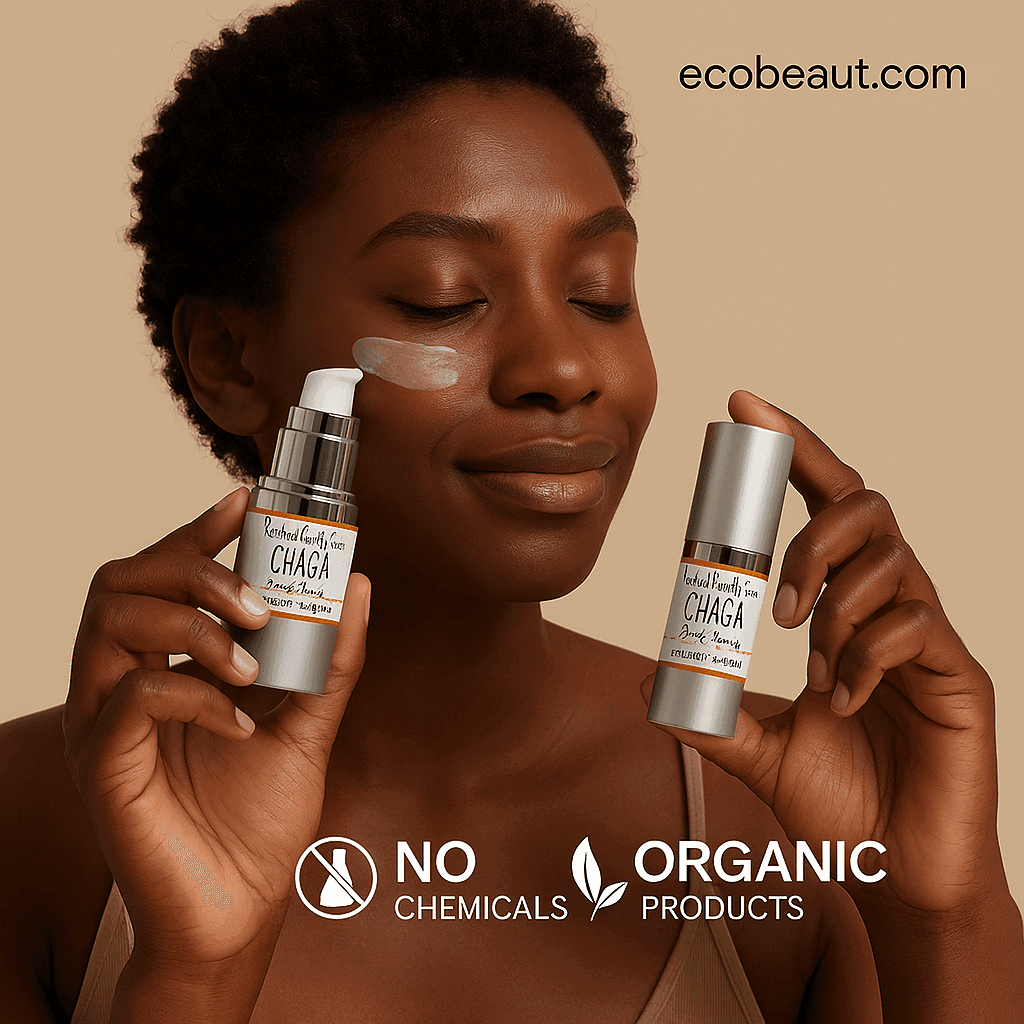 woman applying CHAGA face serum from Rooted Earth Farm with a silver pump bottle, smiling softly against a beige background with ecobeaut.com in the top right corner and icons for NO CHEMICALS and ORGANIC PRODUCTS at the bottom