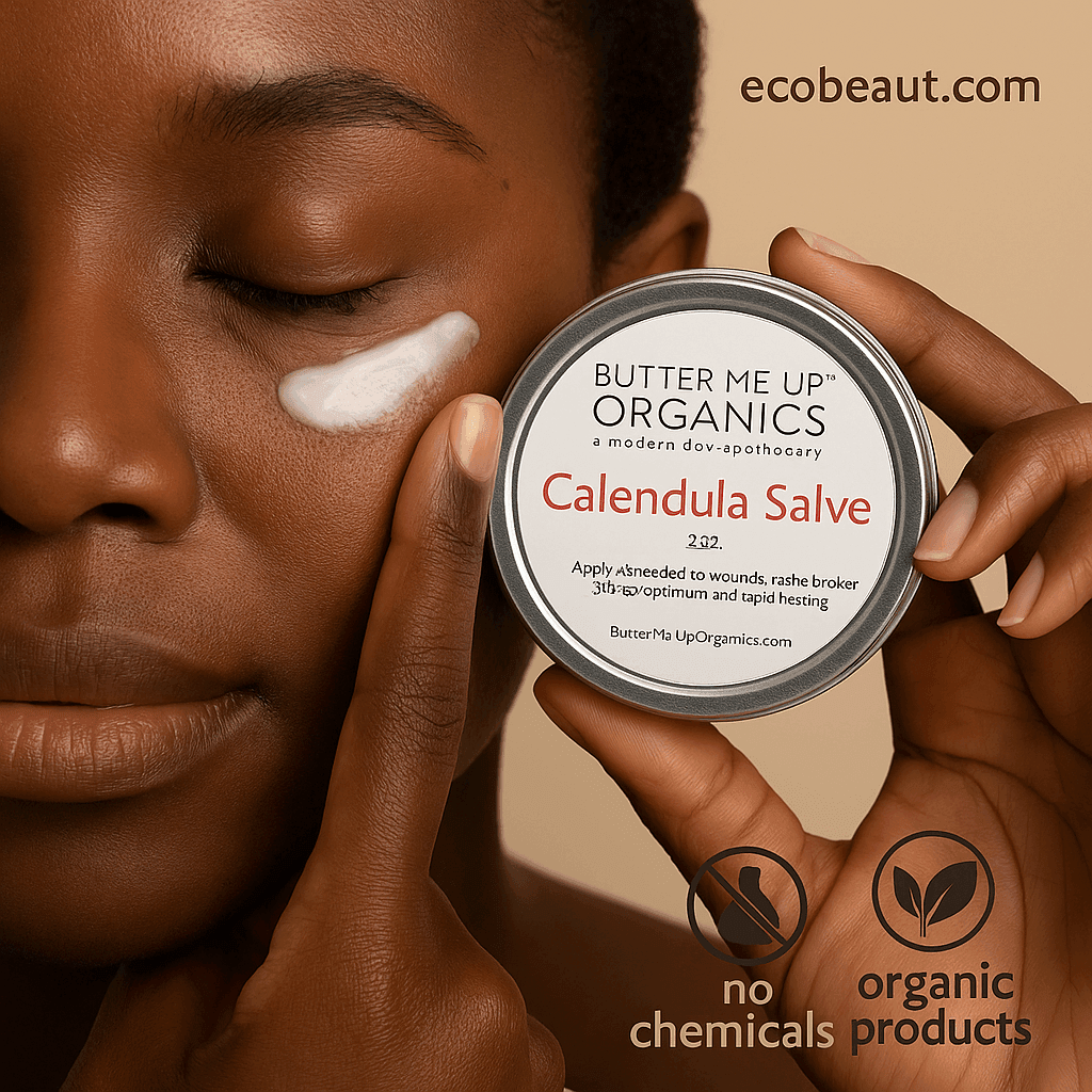 woman applying Calendula Salve under her eye, holding a tin of Butter Me Up Organics salve – ecobeaut.com, no chemicals, organic products