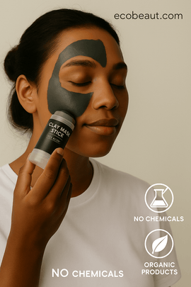 woman applying SE Charcoal Clay Mask Stick to her face, highlighting smooth skin and natural beauty — close-up image with focus on the product and soft neutral background