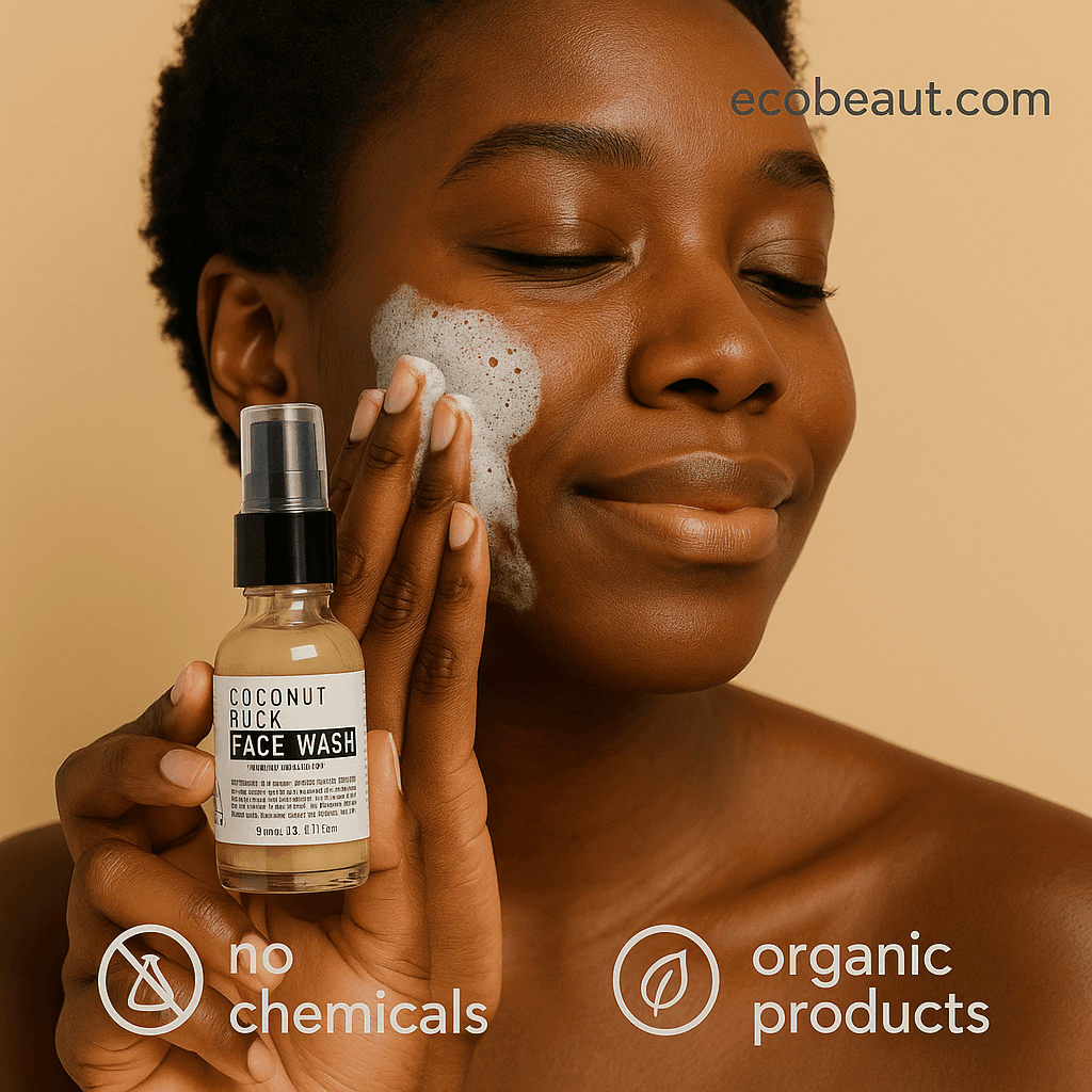 woman gently applying Coconut Milk Face Wash to her cheek, holding a bottle labeled ecobeaut.com – no chemicals, organic products
