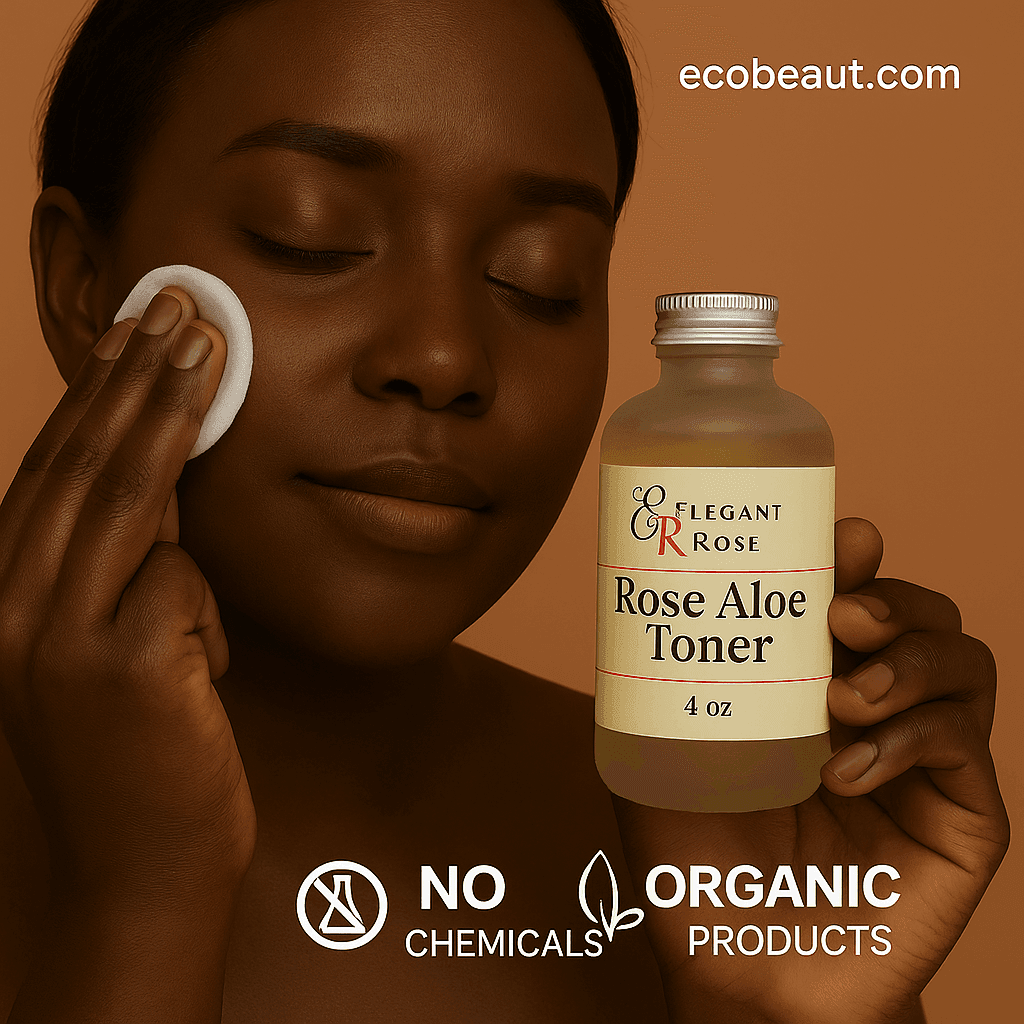 woman gently applying Elegant Rose Rose Aloe Toner with a cotton pad, holding the product bottle in her hand against a warm background with ecobeaut.com and icons for no chemicals and organic products