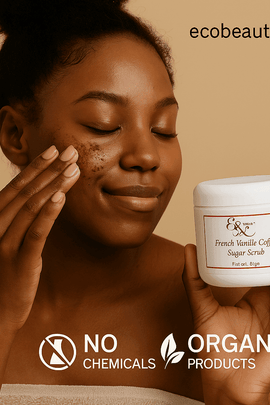 woman gently applying French Vanilla Coffee Sugar Scrub by Elegant Rose to her cheek, holding the jar, with ecobeaut.com in the top right and icons for no chemicals and organic products