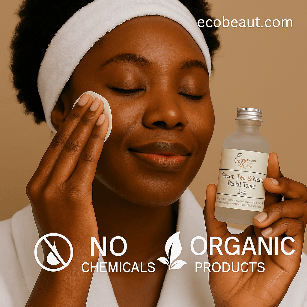 woman gently using Green Tea & Neem Facial Toner from Elegant Rose, cotton pad on cheek, holding the product, with ecobeaut.com in top right corner and clean icons for no chemicals and organic products below