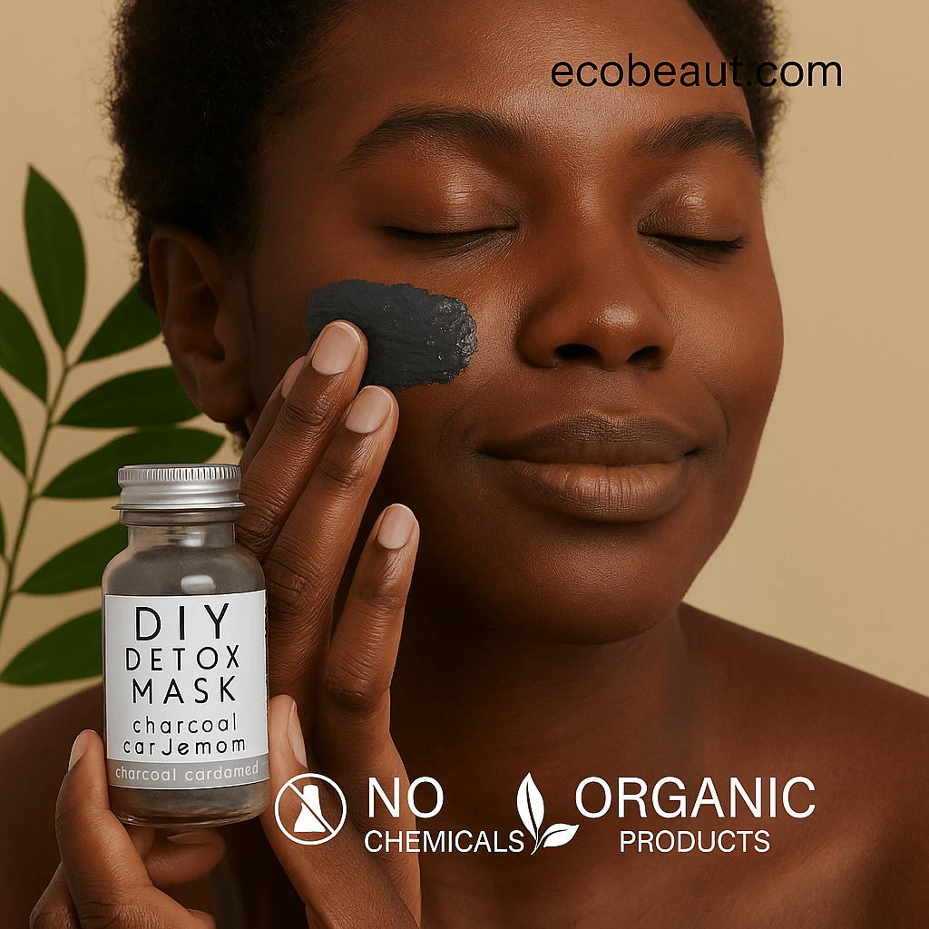 woman smiling with closed eyes while applying DIY Detox Mask to her cheek, holding the jar in hand, with ecobeaut.com in the top right and icons for NO CHEMICALS and ORGANIC PRODUCTS at the bottom