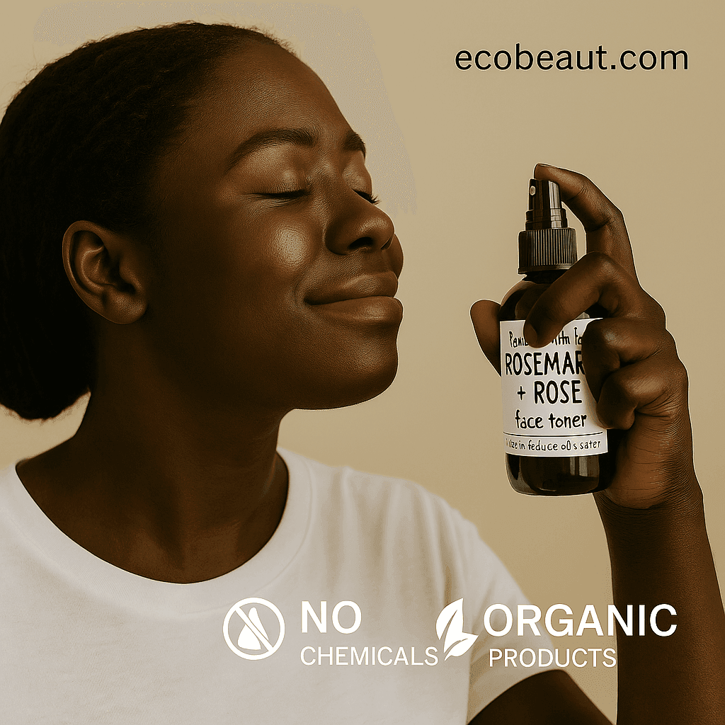 woman smiling with eyes closed as she sprays Rosemary + Rose face toner from Rooted Earth Farm onto her face, with ecobeaut.com in the top right corner and white icons for NO CHEMICALS and ORGANIC PRODUCTS at the bottom