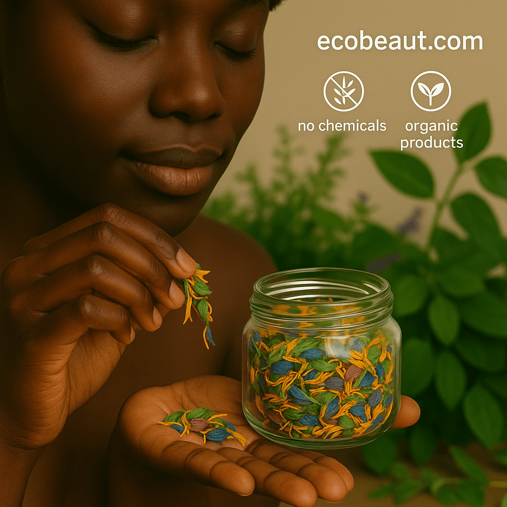 woman using organic dried herbs from ecobeaut.com – no chemicals, organic products