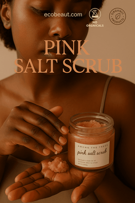 woman using pink salt scrub from ecobeaut.com – clean beauty, organic ingredients, no chemicals