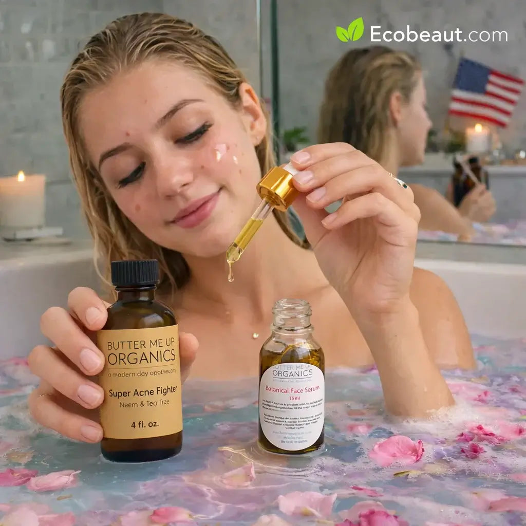 Young woman applying natural face serum and acne care oil in bath setting with organic skincare products on Ecobeaut.com