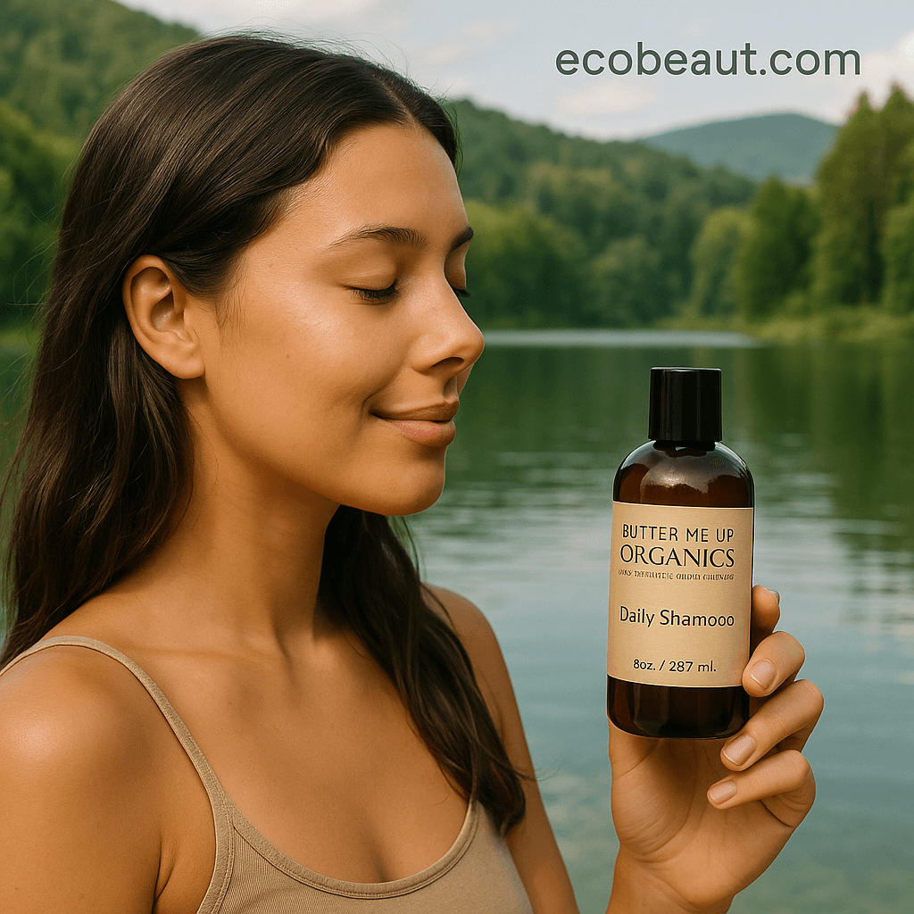 The green hills and calm water create a natural background, and the ecobeaut.com logo appears in the corner. The scene highlights eco-friendly beauty and organic care.
