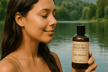 The green hills and calm water create a natural background, and the ecobeaut.com logo appears in the corner. The scene highlights eco-friendly beauty and organic care.