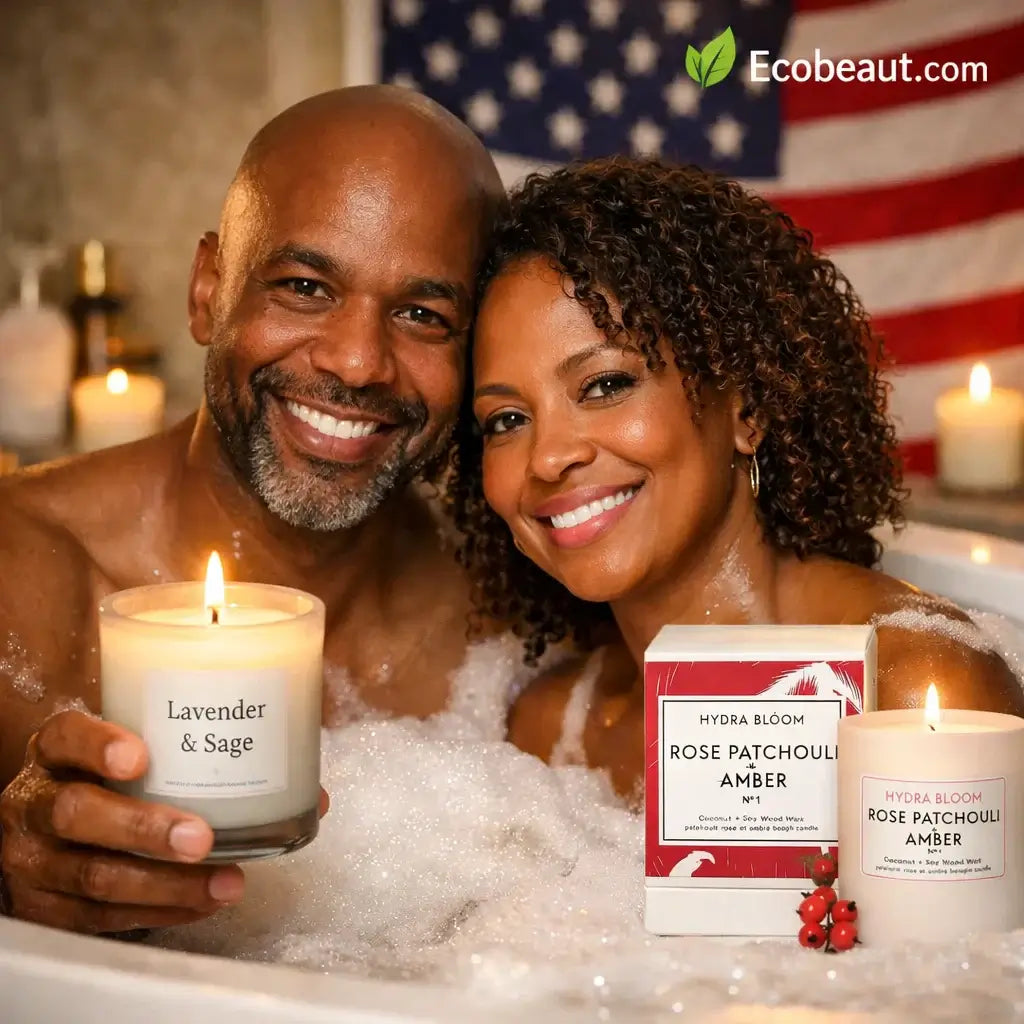African American couple relaxing in a bubble bath holding natural scented candles, featuring Ecobeaut.com Hydra Bloom Rose Patchouli Amber candle with American flag background