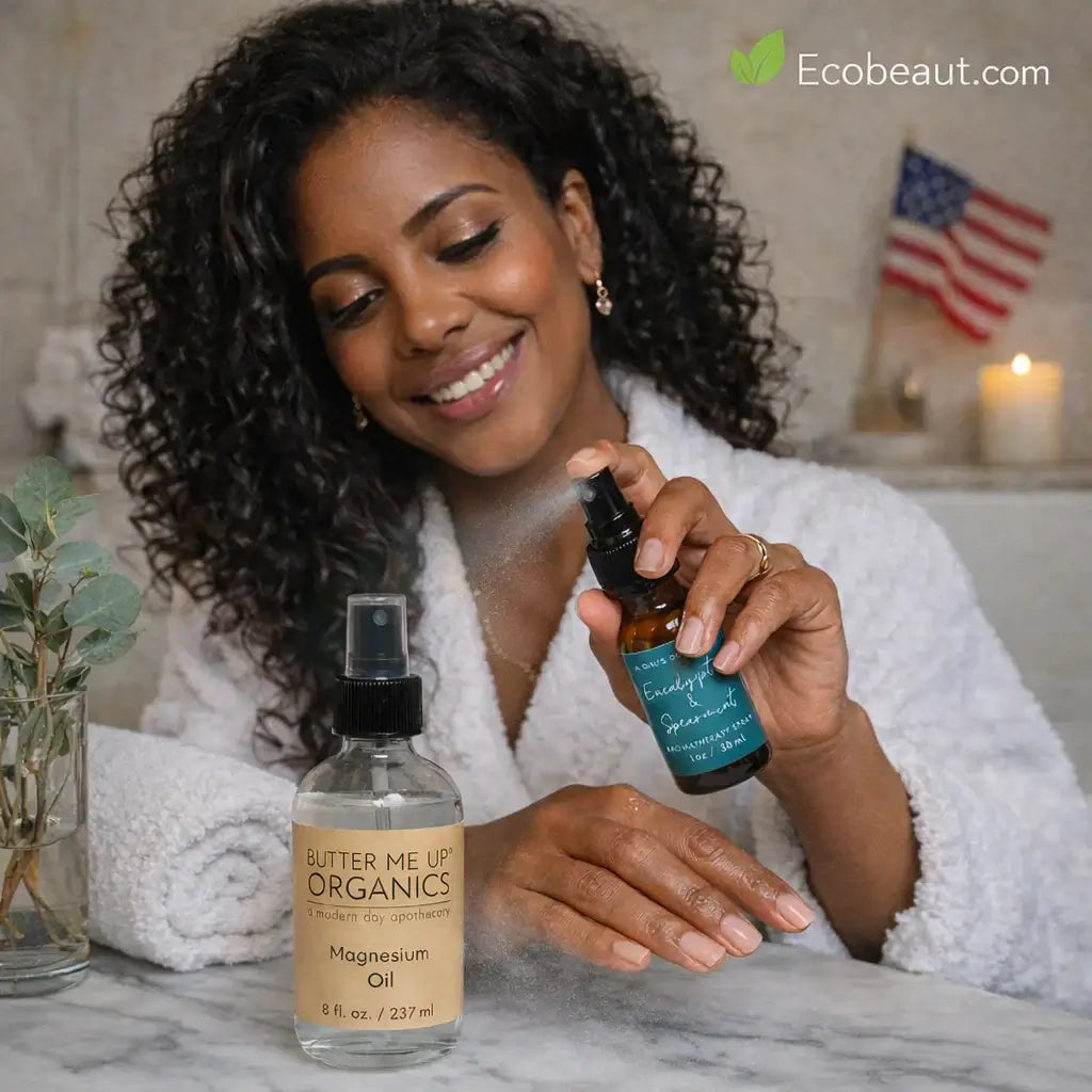 Woman applying organic magnesium oil and aromatherapy spray on Ecobeaut.com