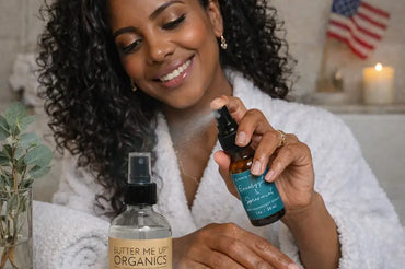 Woman applying organic magnesium oil and aromatherapy spray on Ecobeaut.com