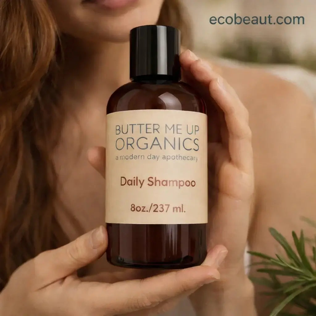 Woman holding Butter Me Up Organics Daily Shampoo bottle, natural organic shampoo presented in hands, eco-friendly packaging, clean beauty product for healthy hair – ecobeaut.com