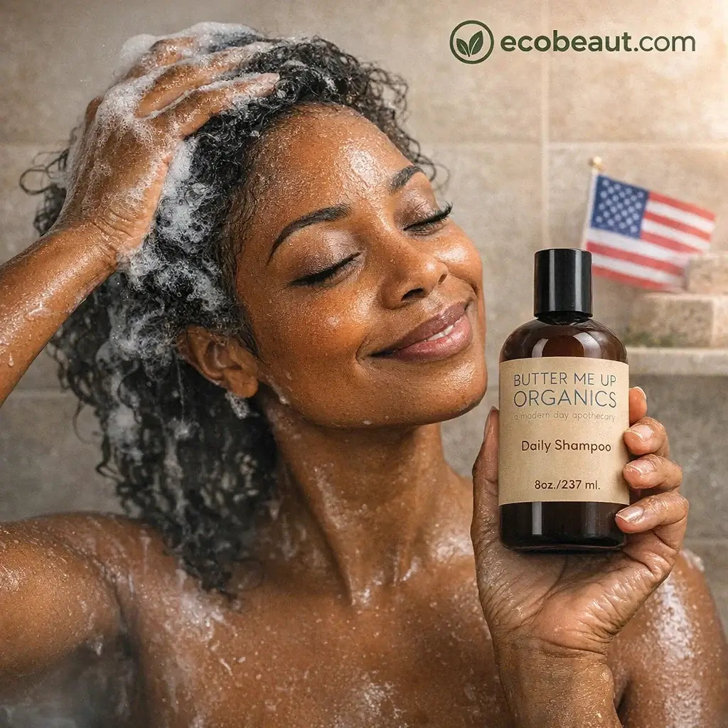 African American woman using natural shampoo in the shower while holding Butter Me Up Organics Daily Shampoo bottle – natural hair care products for healthy hair by Ecobeaut.com, made in the USA