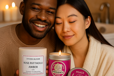 Smiling African American man and Asian woman holding eco-friendly soy candles in a cozy bathroom, showcasing EcoBeaut.com products for relaxing candle lighting ideas.