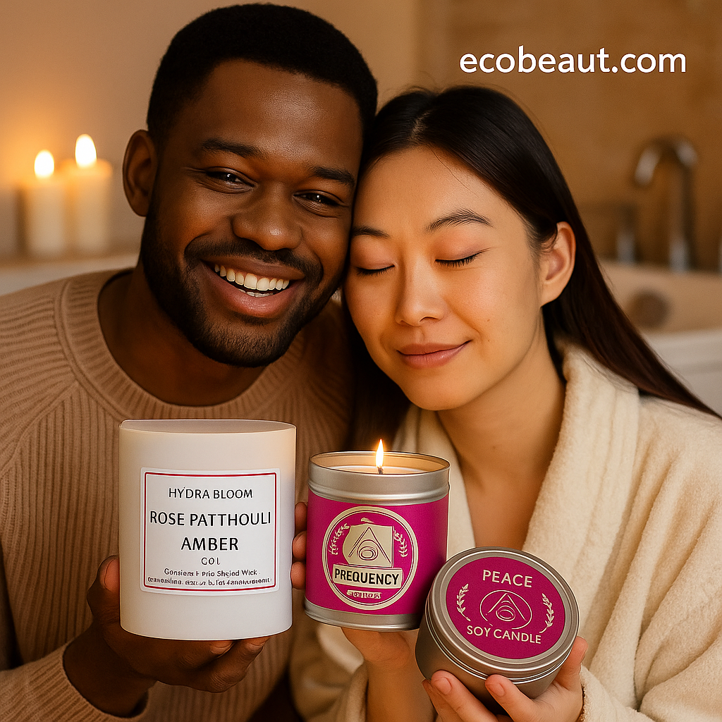 Smiling African American man and Asian woman holding eco-friendly soy candles in a cozy bathroom, showcasing EcoBeaut.com products for relaxing candle lighting ideas.