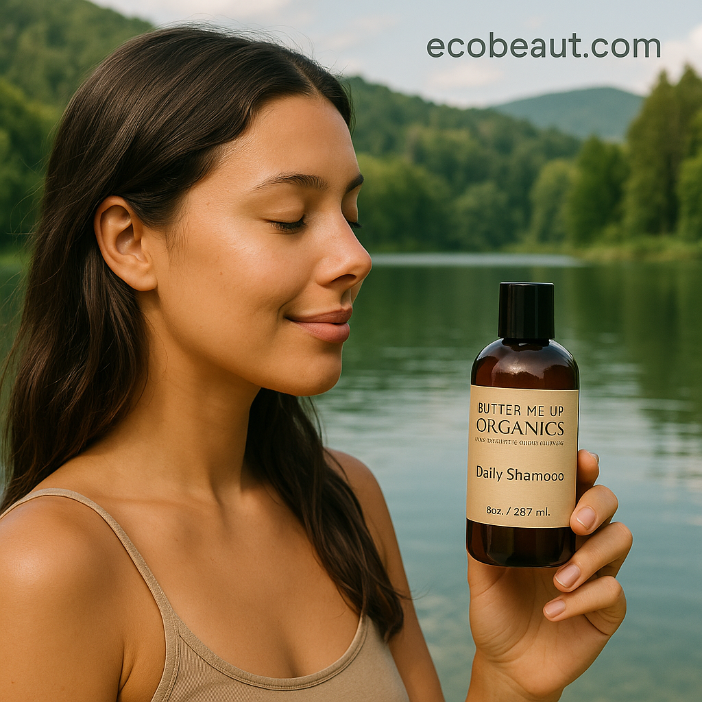 The green hills and calm water create a natural background, and the ecobeaut.com logo appears in the corner. The scene highlights eco-friendly beauty and organic care.