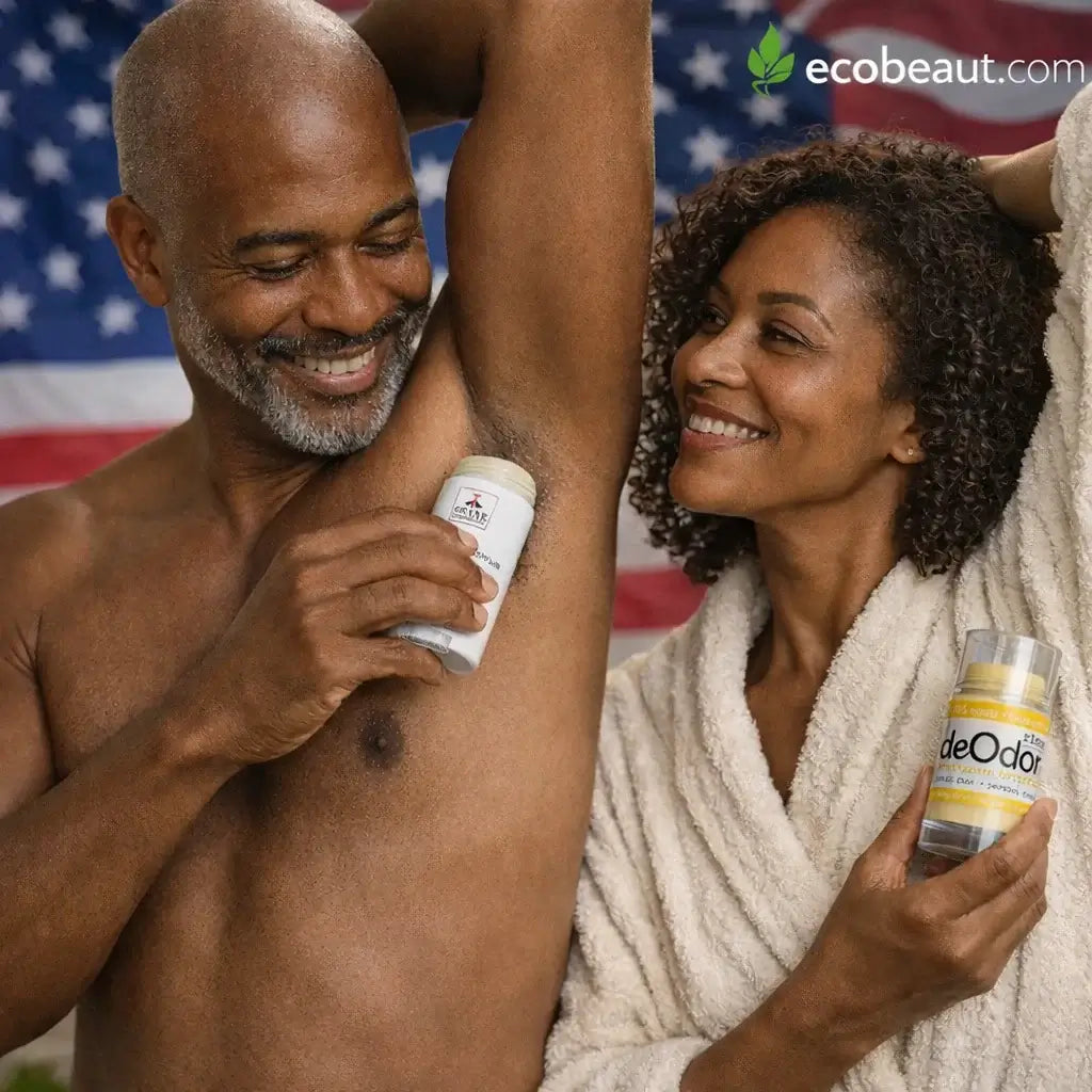 Black couple using natural deodorants in a bathroom, man applying Shave Essentials Eucalyptus & Mint and woman holding deOdor Lemongrass Bergamot, with American flag background and ecobeaut.com logo.