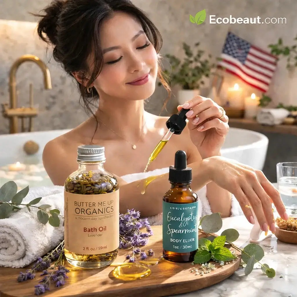 Woman applying natural lavender bath oil and eucalyptus spearmint body elixir in spa-style bathroom setting on Ecobeaut.com