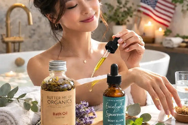 Woman applying natural lavender bath oil and eucalyptus spearmint body elixir in spa-style bathroom setting on Ecobeaut.com