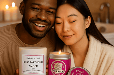 Smiling African American man and Asian woman holding eco-friendly soy candles in a cozy bathroom, showcasing EcoBeaut.com products for relaxing candle lighting ideas.