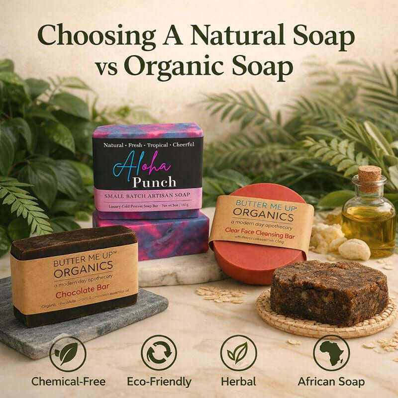Choosing a natural soap vs organic soap—eco-friendly handmade soap bars with tropical and herbal botanicals on a neutral background for a US skincare guide.