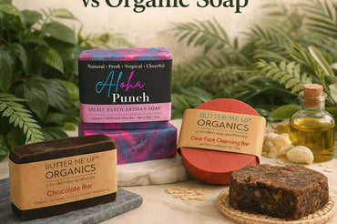 Choosing a natural soap vs organic soap—eco-friendly handmade soap bars with tropical and herbal botanicals on a neutral background for a US skincare guide.
