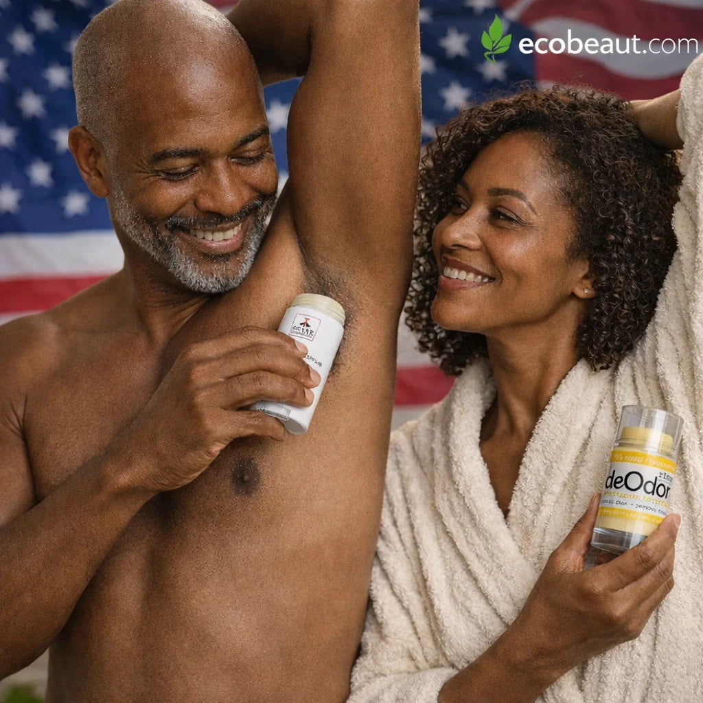 Black couple using natural deodorants in a bathroom, man applying Shave Essentials Eucalyptus & Mint and woman holding deOdor Lemongrass Bergamot, with American flag background and ecobeaut.com logo.
