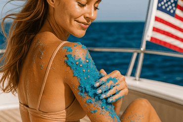 Woman applying Natural Body Scrub for Glowing, Healthy Skin: The Real Talk Guide ✨ by the ocean with American flag in background.