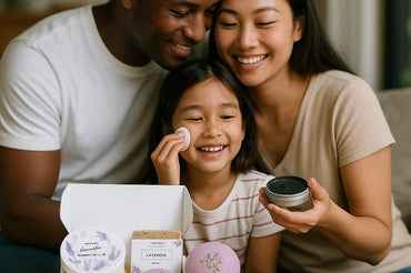 African American father with his Asian partner and daughter sitting together at home, surrounded by natural skincare products from ecobeaut.com, symbolizing family wellness and eco-friendly beauty.