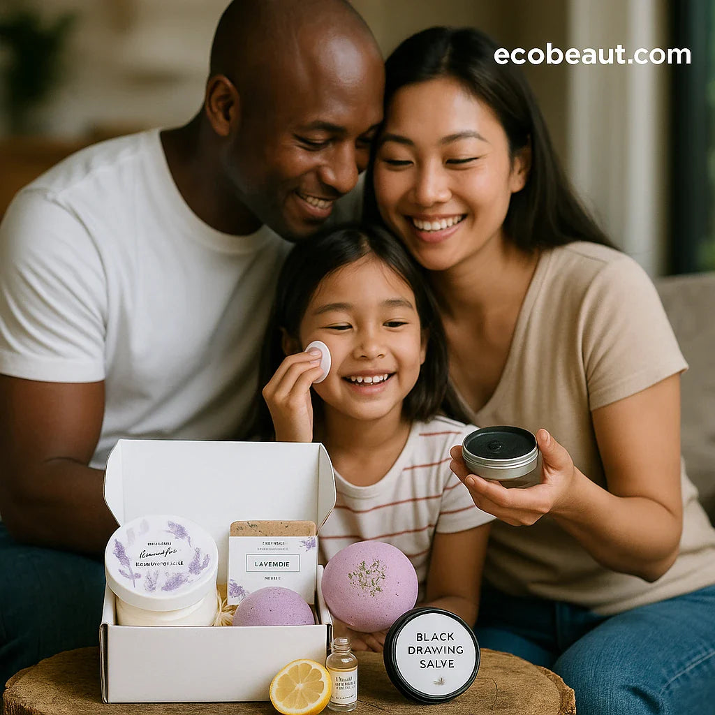 African American father with his Asian partner and daughter sitting together at home, surrounded by natural skincare products from ecobeaut.com, symbolizing family wellness and eco-friendly beauty.