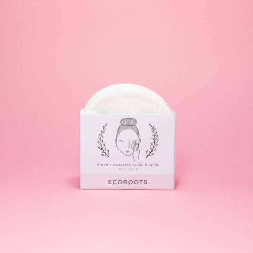 ECORoots organic reusable facial rounds packaging on a pink background