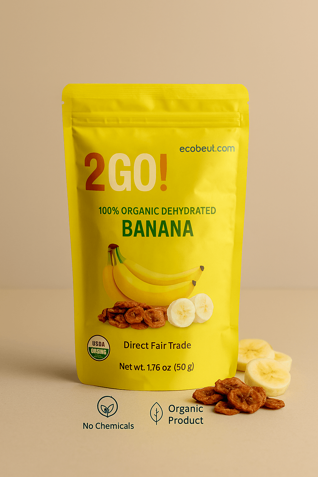 2GO! Organic Dehydrated Banana – Front View of Yellow Resealable Pouch with USDA Organic Label and Sliced Bananas on White Background – ecobeaut.com