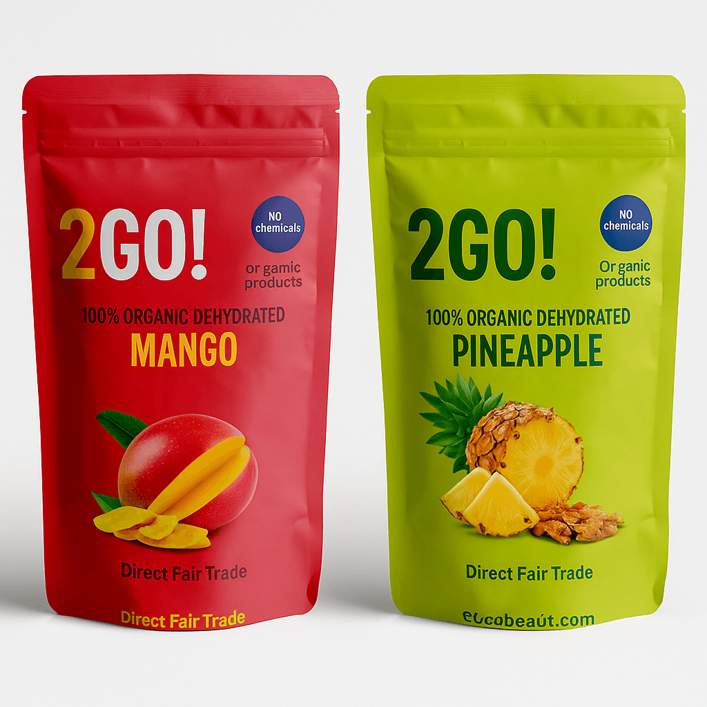 2GO! Organic Dehydrated Mango and Pineapple – two resealable pouches with clean background, product features marked with 'no chemicals', 'organic products', and ecobeaut.com branding