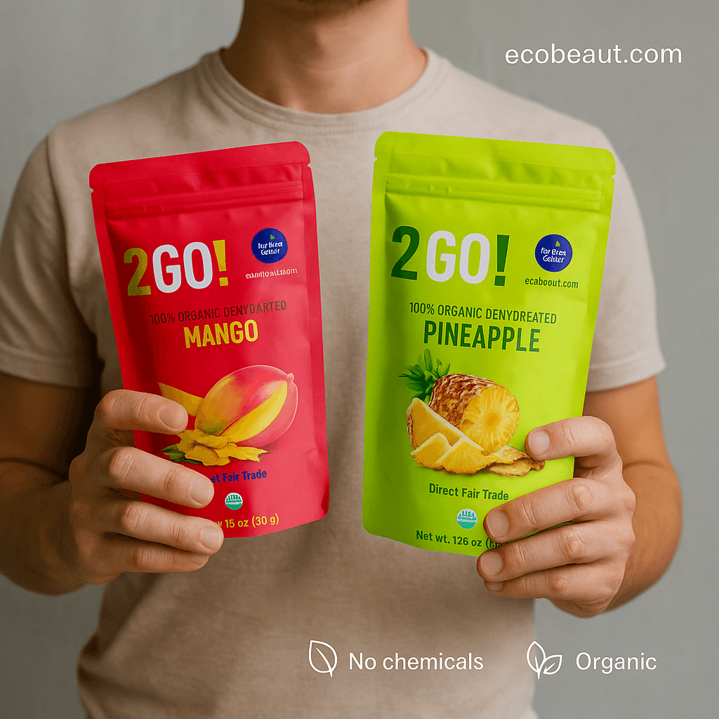 2GO! Organic Dehydrated Mango and Pineapple – two resealable pouches with clean background, product features marked with 'no chemicals', 'organic products', and ecobeaut.com branding