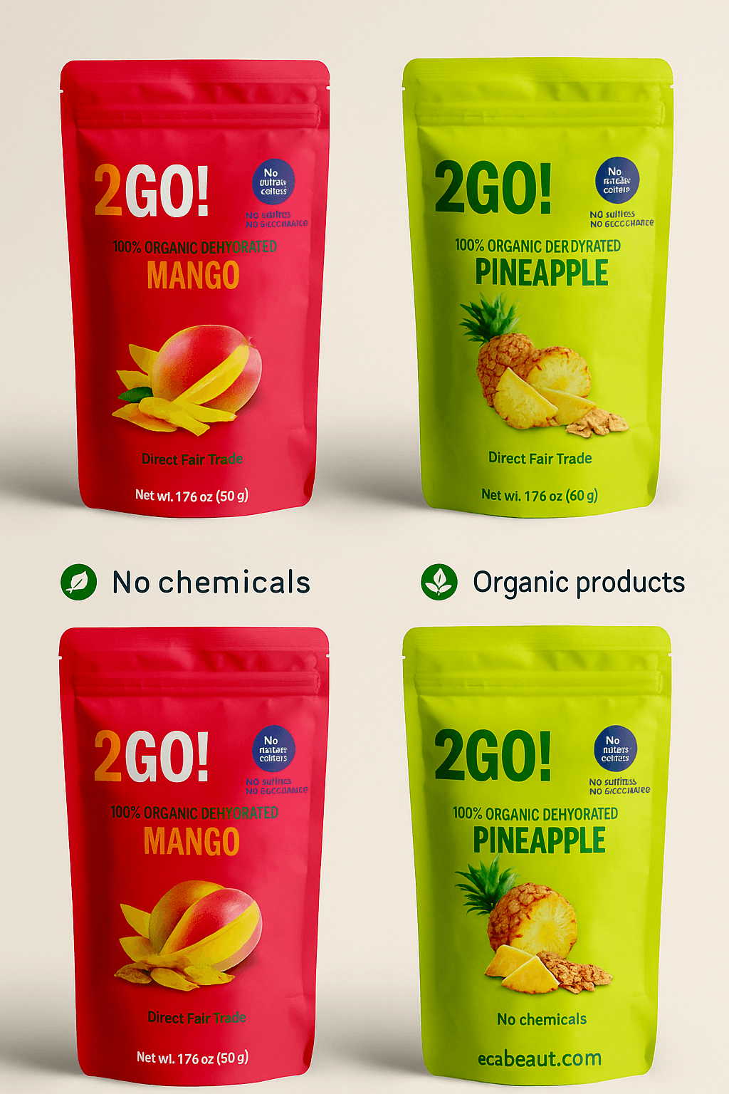2GO! Organic Dehydrated Mango – stand-up pouch on neutral background, labeled with 'no chemicals', 'organic products', and ecobeaut.com