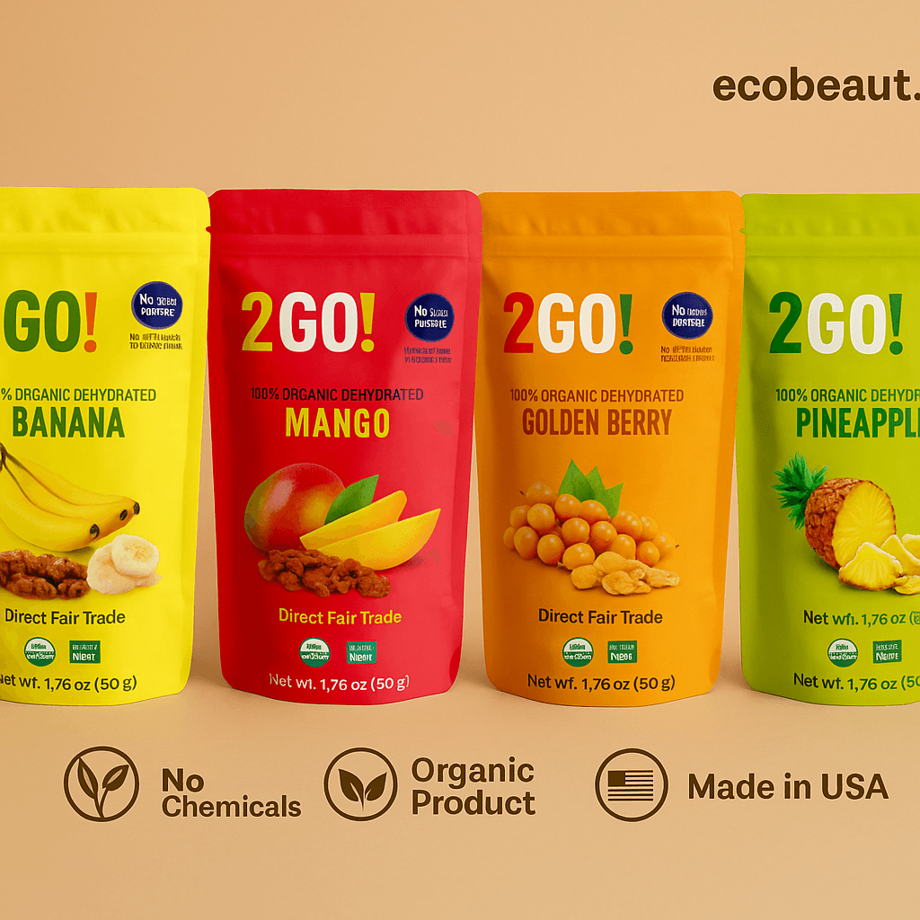 2GO! Organic Dried Fruit Variety Pack – Assorted resealable pouches of organic banana, mango, golden berry, and pineapple snacks with no added sugar, no chemicals, and 100% natural ingredients. ecoBeaut.com branding included.
