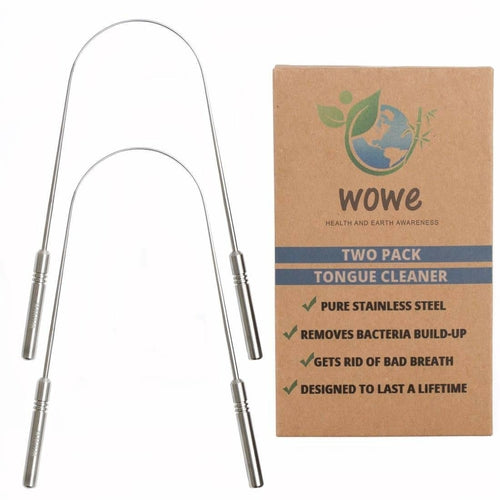 Two stainless steel tongue cleaners with their packaging on a white background
