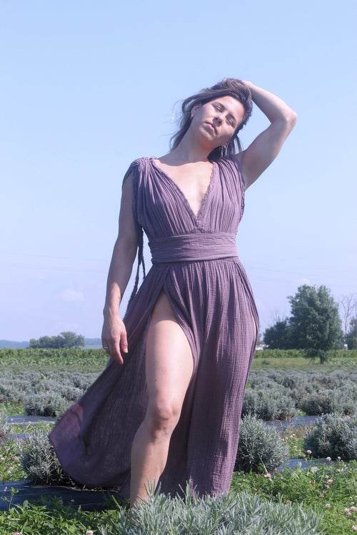 Helen Organic Cotton Goddess Side Slit Dress – Feminine Elegance and Comfort